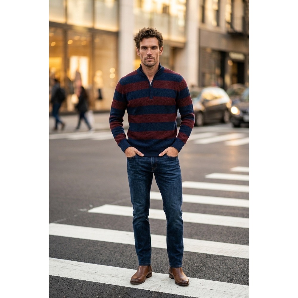 Brooks Brothers Men's Navy Burgundy Striped Cotton 1/4‎ Zip Sweater Small NWT